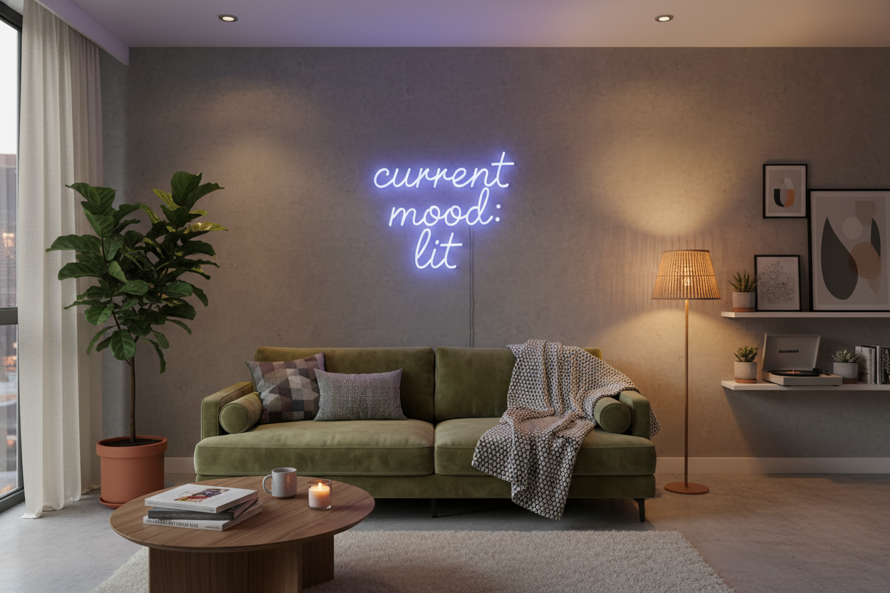 home environment with "current mood: lit" sign