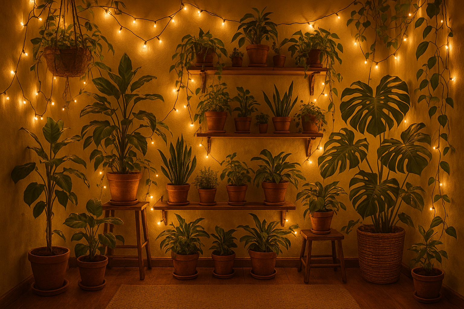 string lights in a plant room